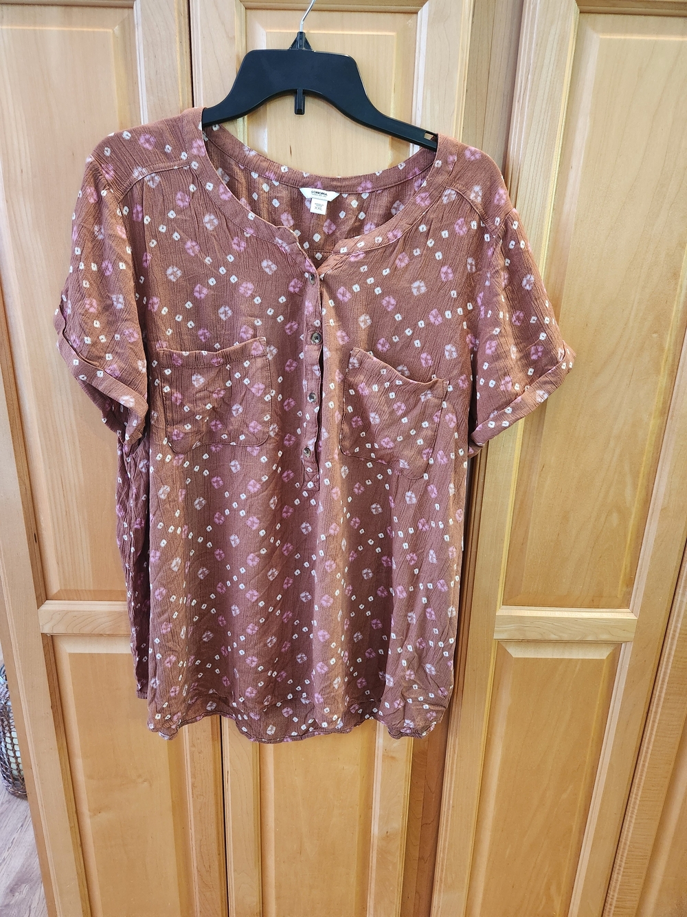 Sonoma Rust Brown Short-Sleeve Pocket Tunic with White Dot Print